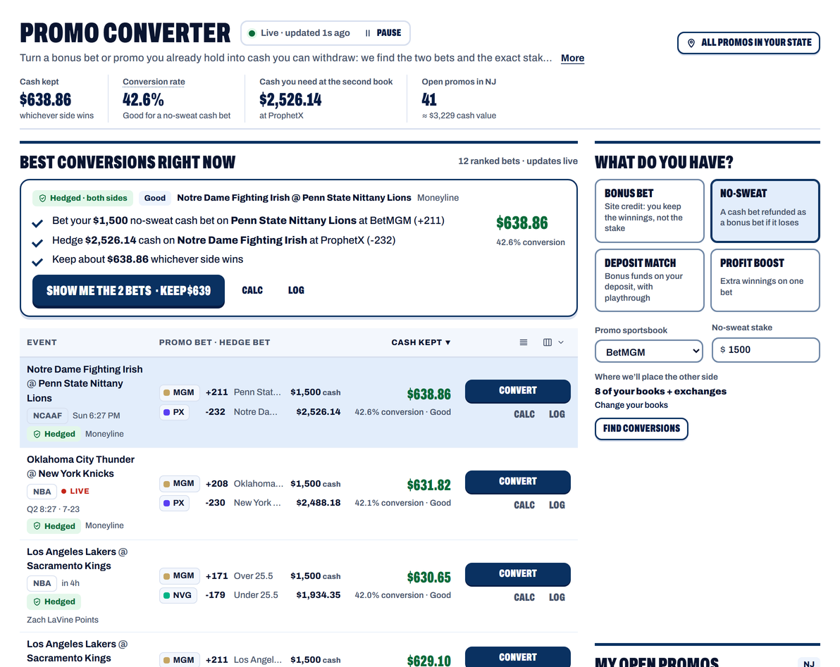 OddsBoss Promo Converter: bonus offers ranked by cash value, with the hedge bet for each